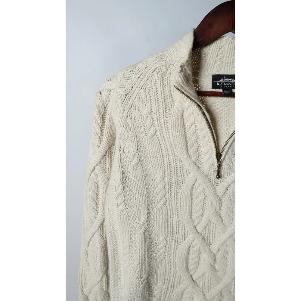 Icelandic Design Ivory Cable Knit Popover Half Zip Sweater Size S